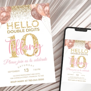 Pink Gold Glitter 10th Birthday Invitation, Editable Birthday Invite Party Double Digits