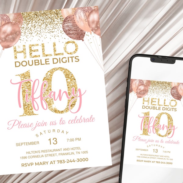 Pink Gold Glitter 10th Birthday Invitation, Editable Birthday Invite Party Double Digits