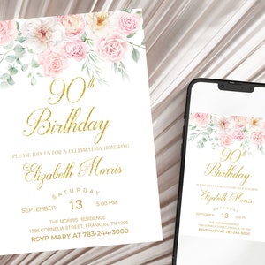 Editable 90th Birthday Invitation, Women Floral Birthday Invitation, Women Birthday Invite, Gold 90th Birthday Invitation