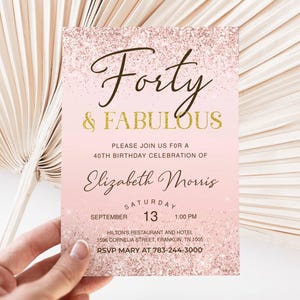 40. Geburtstagseinladung Druckbare Rose Gold Vierzig und fabelhafte Dinner Party einladen für Damen bearbeitbare digitaler Download