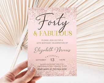 40th Birthday Invitation Printable Rose Gold Forty and Fabulous Dinner Party Invite for Ladies Editable Digital Download