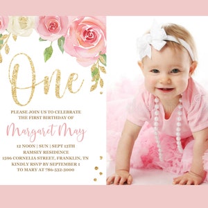 EDITABLE Blush Pink Floral Baby&#39;s First Birthday Party Invitation, Printable 1st Photo Invite Template, Boho Girl, One Instant download