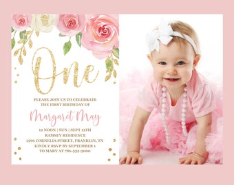 EDITABLE Blush Pink Floral Baby's First Birthday Party Invitation, Printable 1st Photo Invite Template, Boho Girl, One Instant download