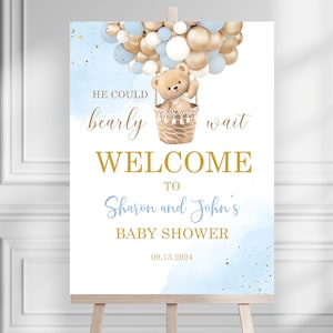 Teddybär-Babyparty-Willkommensschild Tan Braun Blau Bär Poster Bearly Warten Boho Luftballons Party Schild, bearbeitbare Vorlage