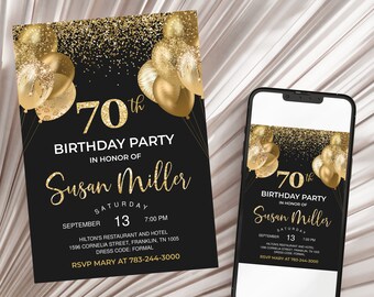 70th Birthday Invitation SEVENTY Party Black Gold Glitter Sparkle Balloons Digital 5x7 Printable Editable