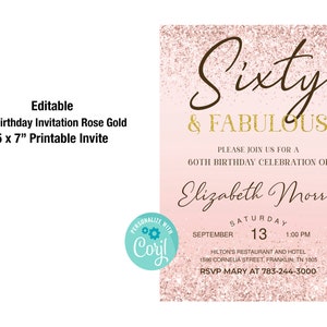 60th Birthday Invitation Printable Rose Gold Sixty and Fabulous Dinner Party Invite for Ladies Editable Digital Download 画像 2