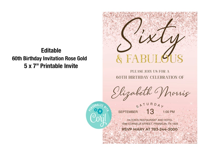 60th Birthday Invitation Printable Rose Gold Sixty and Fabulous Dinner Party Invite for Ladies Editable Digital Download 画像 2
