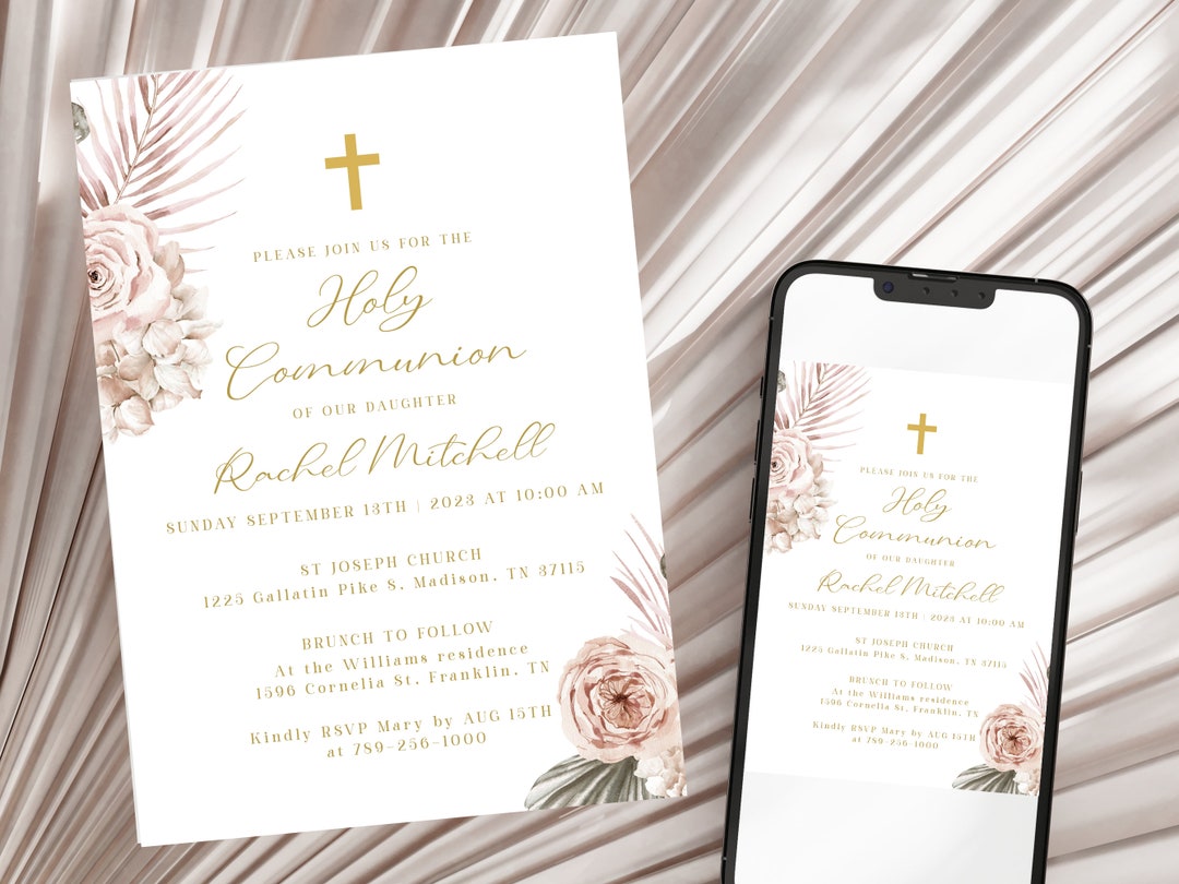 Boho Blush Holy Communion Invitation Template, Girl Pink Cross Floral ...