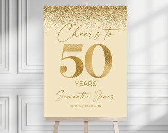 Signo de bienvenida de la fiesta de cumpleaños número 50 de oro, signo editable, plantilla de signo de bienvenida de cumpleaños de oro imprimible, Hola cincuenta saludos
