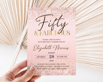50th Birthday Invitation Printable Rose Gold Fifty and Fabulous Dinner Party Invite for Ladies Editable Digital Download