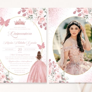 May include: A Quinceañera invitation with a pink and gold theme. The invitation features a photo of a young woman in a pink gown, floral and butterfly accents, and the text "Quinceañera" and event details.