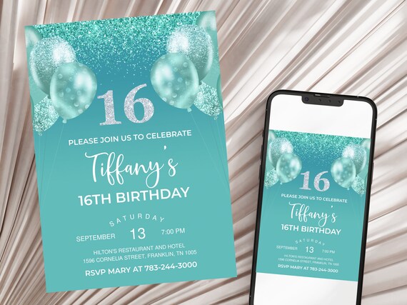 Teal and Silver Holo Glitter 16th Birthday Invitation, Editable Birthday Party
