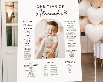 Arch Photo First Birthday Milestone Board Template, Printable 1st Birthday Milestone Sign, Editable Modern Poster, Digital Download