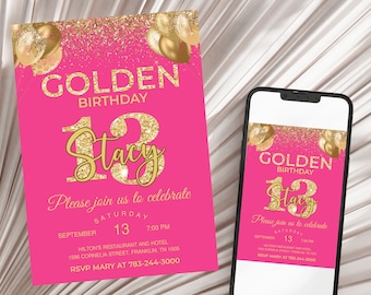Golden Birthday invitation Fuchsia Gold glitter birthday invitation Golden birthday invite for girl 13th birthday invitation