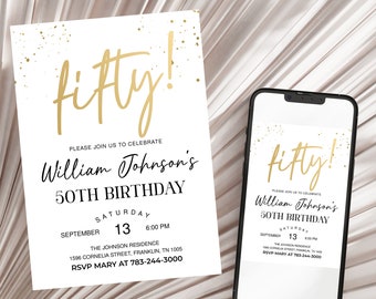 50th Birthday Invitation All White Gold Party Invite for Men or Ladies Printable Editable Instant Download Template