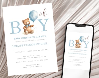 Editable Oh Boy Teddy Bear Balloon Baby Shower Invitation Blue Bearly Wait Invite Template Instant Download