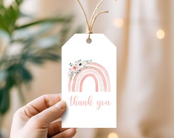 Editable Boho Rainbow Baby Shower Thank You Tag Pink Floral Boho Rainbow Baby Shower tag Printable Template Instant Download