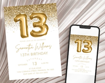 Gold Glitter Birthday Party Invitation, Golden Birthday 13th invitation, Gold Party Invite, Instant Download