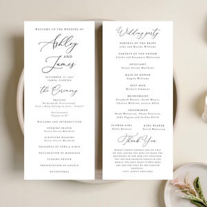 May include: Wedding ceremony programme with a black and white design. The programme includes the names of the bride and groom, Ashley and James, the wedding date, September 11, 2015, and the location, Tampa, Florida. The programme also includes the order of the ceremony, the wedding party, and a thank you message from the couple.