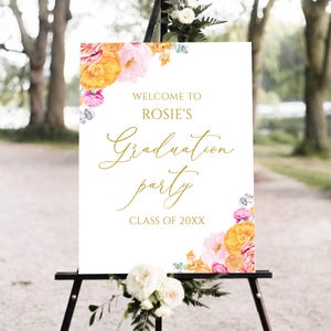 Hot Pink Orange Graduation Party Welcome Sign, Orange and Pink Graduation Welcome Sign, Floral Graduation welcome Editable Template download