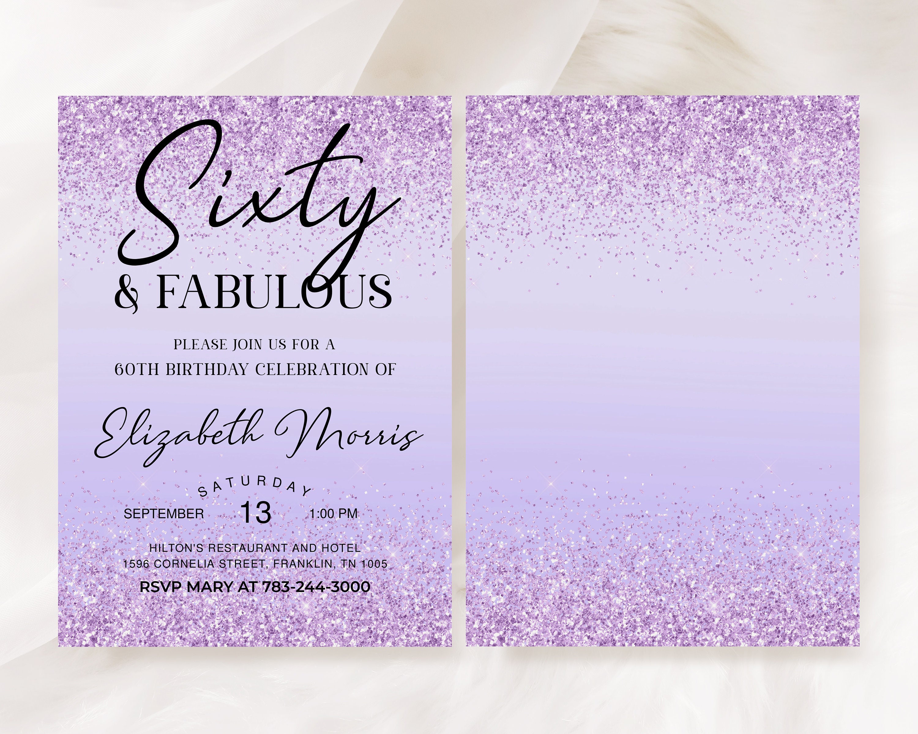 60th Birthday Invitation Printable Purple Sixty and Fabulous