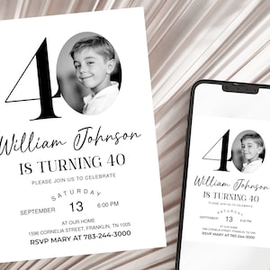 40th Invitation with photo, Look Who's 40, 40th Birthday Invitation Template, Simple 40th Invitation, Male 40th Invites, Editable, Printable image 1