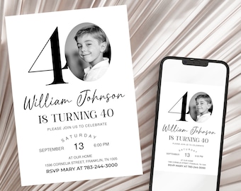 40th Invitation with photo, Look Who's 40, 40th Birthday Invitation Template, Simple 40th Invitation, Male 40th Invites, Editable, Printable
