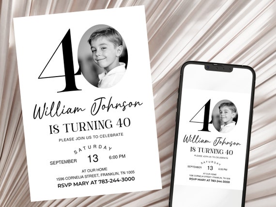 40th Invitation with photo, Look Who's 40, 40th Birthday Invitation Template, Simple 40th Invitation, Male 40th Invites, Editable, Printable