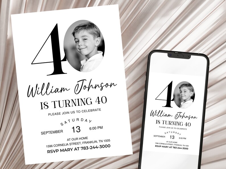 40th Invitation with photo, Look Who's 40, 40th Birthday Invitation Template, Simple 40th Invitation, Male 40th Invites, Editable, Printable image 1