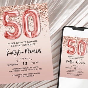 Rose Gold Glitter 50th Birthday Invitation, Editable Birthday Invite