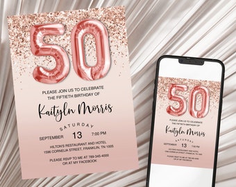 Rose Gold Glitter 50th Birthday Invitation, Editable Birthday Invite