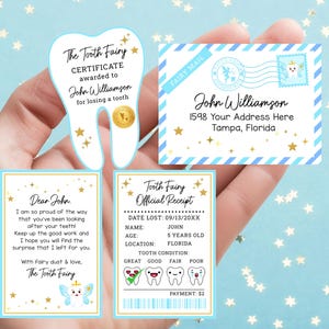 May include: A collection of Tooth Fairy themed items, including a certificate, a letter, and a receipt. The certificate is shaped like a tooth and is awarded to John Williamson. The letter is addressed to John, and the receipt details the date, name, age, and tooth condition.