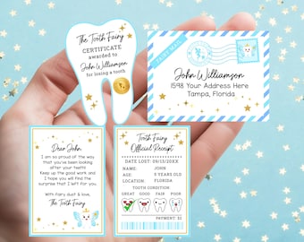 Editable Mini Tooth Fairy Set Blue Receipt and Letter with Envelope Tooth Fairy Kit Lost Tooth Fairy Note Boys Digital Template Printable