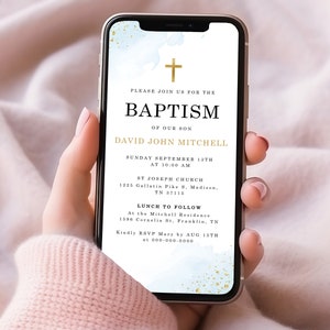 Modèle d'invitation de baptême, faire-part de baptême bleu minimaliste, faire-part de baptême imprimable, faire-part de baptême