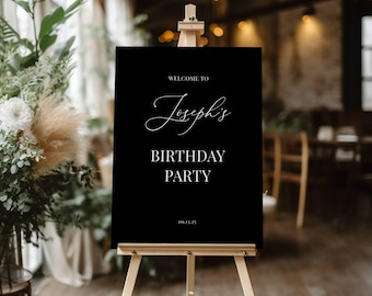 Letrero de bienvenida negro para fiesta de cumpleaños, decoración para fiesta de cumpleaños, minimalista y moderno.