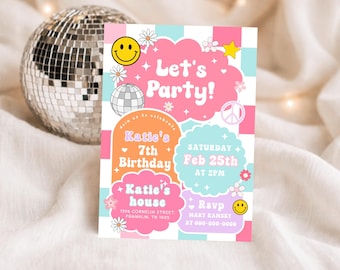 Invito di compleanno modificabile con faccina sorridente a scacchi, invito di compleanno retrò alla moda, invito con faccina sorridente, festa per adolescenti, compleanno per adolescenti, compleanno per ragazze di qualsiasi età