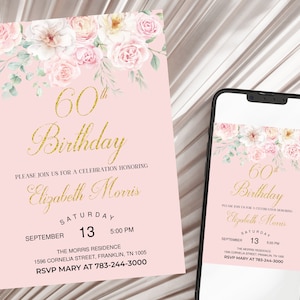Editable 60th Birthday Invitation, Women Floral Birthday Invitation, Women Birthday Invite, Pink Gold 60th Birthday Invitation