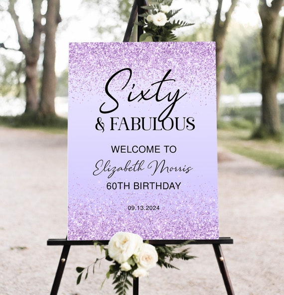 60th Birthday Welcome Sign Printable Purple Sixty and Fabulous