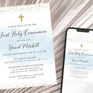 Blue First Holy Communion Invitation INSTANT DOWNLOAD Editable, Printable, Baptism, Christening, Dedication image 1