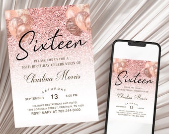 Rose Gold Invitation, Balloons, 16th Birthday Invitation, Editable Birthday Invite