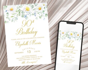 90th Birthday Invitation, Floral Birthday Invitation, Editable, Floral Daisy Women Birthday Invitation