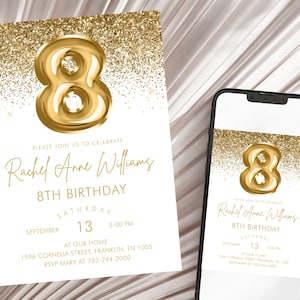 Gold Glitter Birthday Party Invitation, Golden Birthday 8th invitation, Gold Party Invite, Instant Download