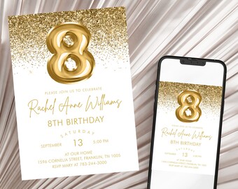 Gold Glitter Birthday Party Invitation, Golden Birthday 8th invitation, Gold Party Invite, Instant Download