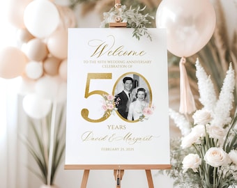 Photo Anniversary Welcome sign, 50th Wedding Anniversary Welcome Sign, 50th Anniversary Decoration, Floral Golden Anniversary Sign, Editable