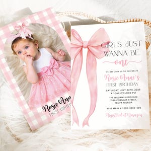 Pink Bow Birthday Invitation Soft Pastel Pink Ribbon Elegant Coquette Girl 1st Birthday Party Invite Girls Just Wanna Be ONE Coquette Bow