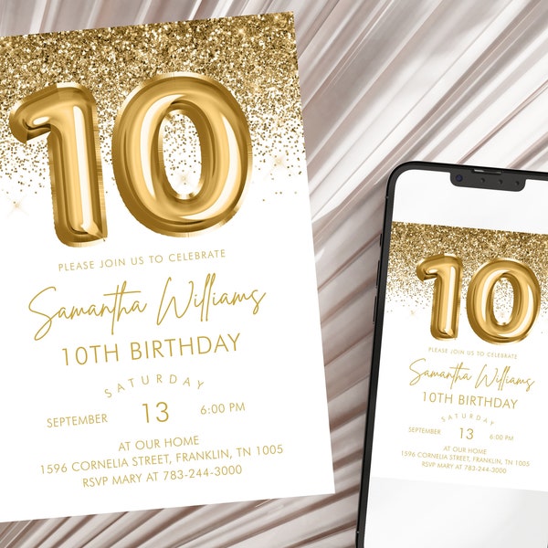 Gold Glitter Birthday Party Invitation, Golden Birthday 10th invitation, Gold Party Invite, Instant Download