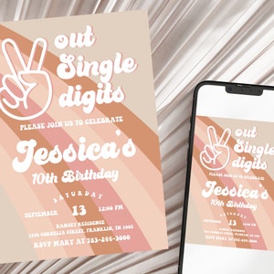 Editable Peace Out Single Digits Invites Fall Groovy 10th Birthday Invite Rainbow Birthday Invitation Instant Download
