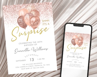 Women Birthday Invitation Balloons Printable Shhh It's a Surprise Party Invite Editable Template Rose Gold Download, 30th 40th