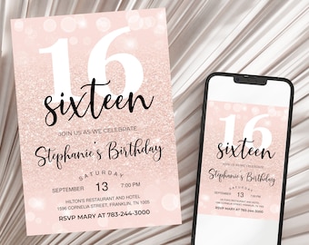 Rose Gold Invitation, Balloons, 16th Birthday Invitation, Editable Birthday Invite