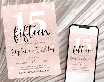 Rose Gold Invitation, Balloons, 15th Birthday Invitation, Editable Birthday Invite